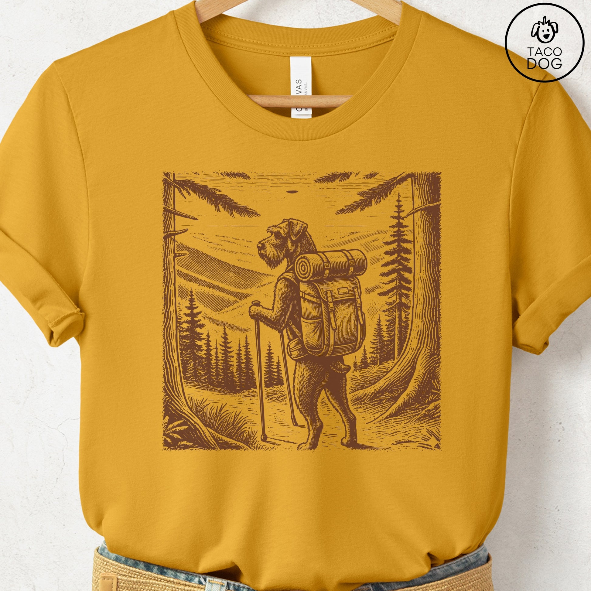 Schnauzer Hiking T-Shirt Mustard Taco-Dog