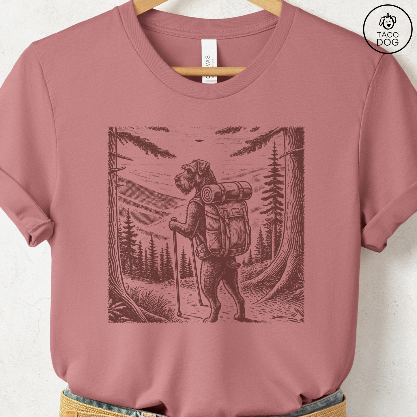 Schnauzer Hiking T-Shirt Heather Mauve Taco-Dog
