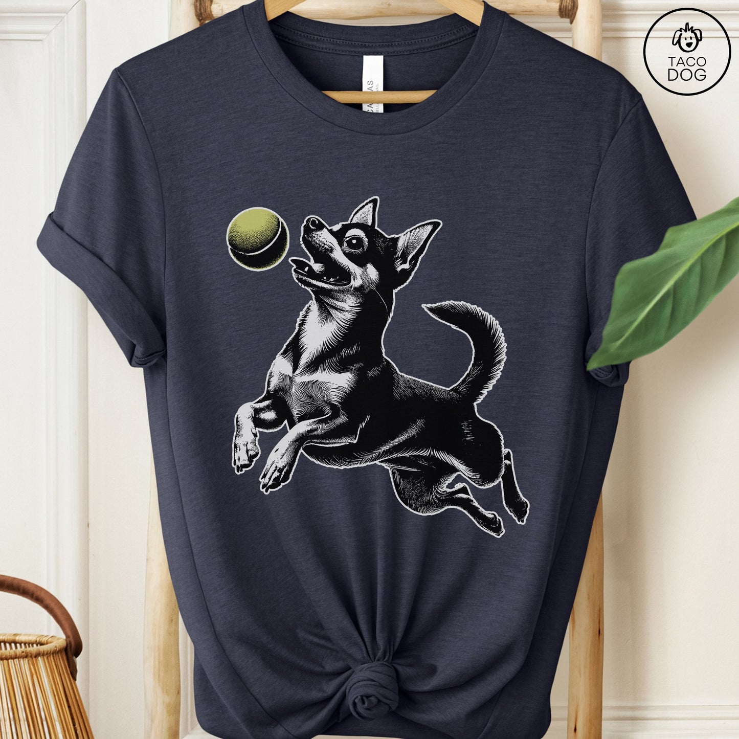 Chihuahua Tennis Ball T-Shirt Heather Midnight Navy Taco-Dog