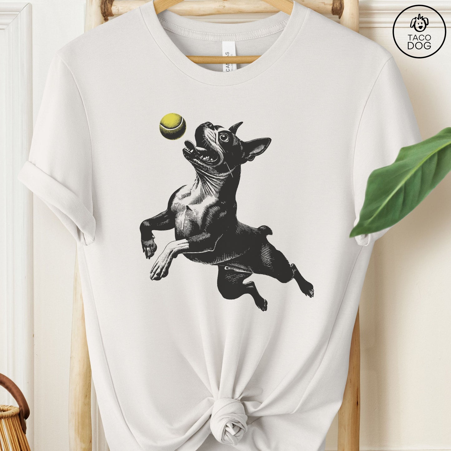 Boston Terrier Tennis Ball T-Shirt Vintage White Taco-Dog