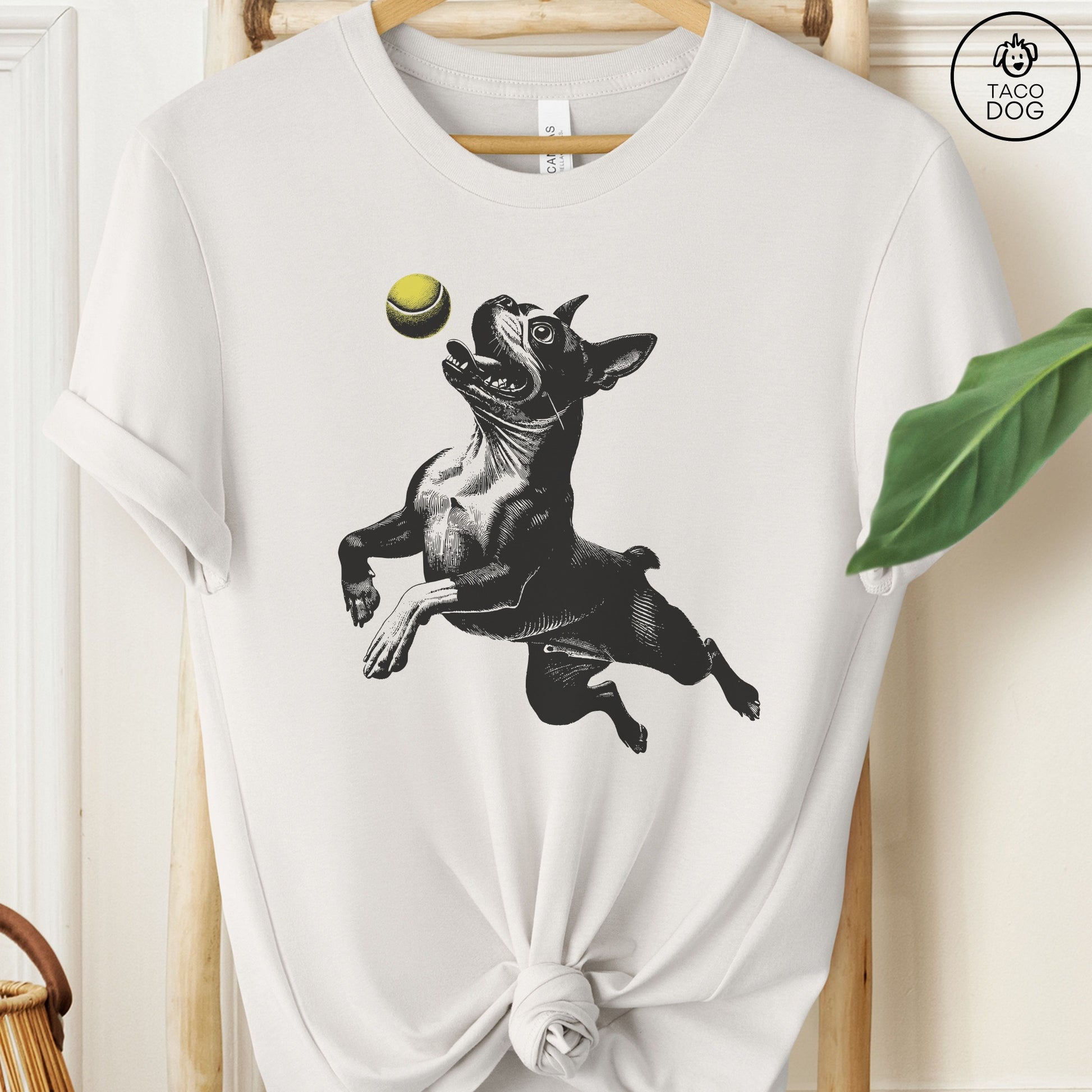 Boston Terrier Tennis Ball T-Shirt Vintage White Taco-Dog