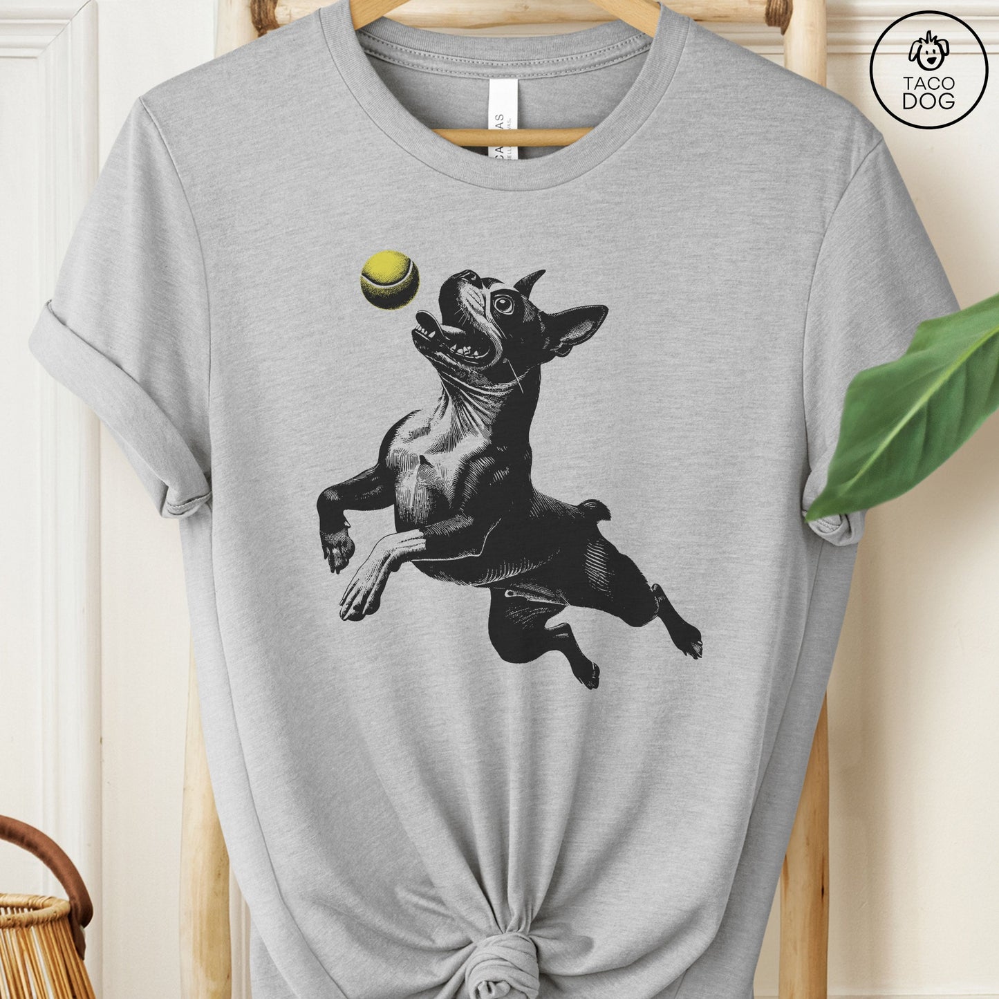 Boston Terrier Tennis Ball T-Shirt Athletic Heather Taco-Dog