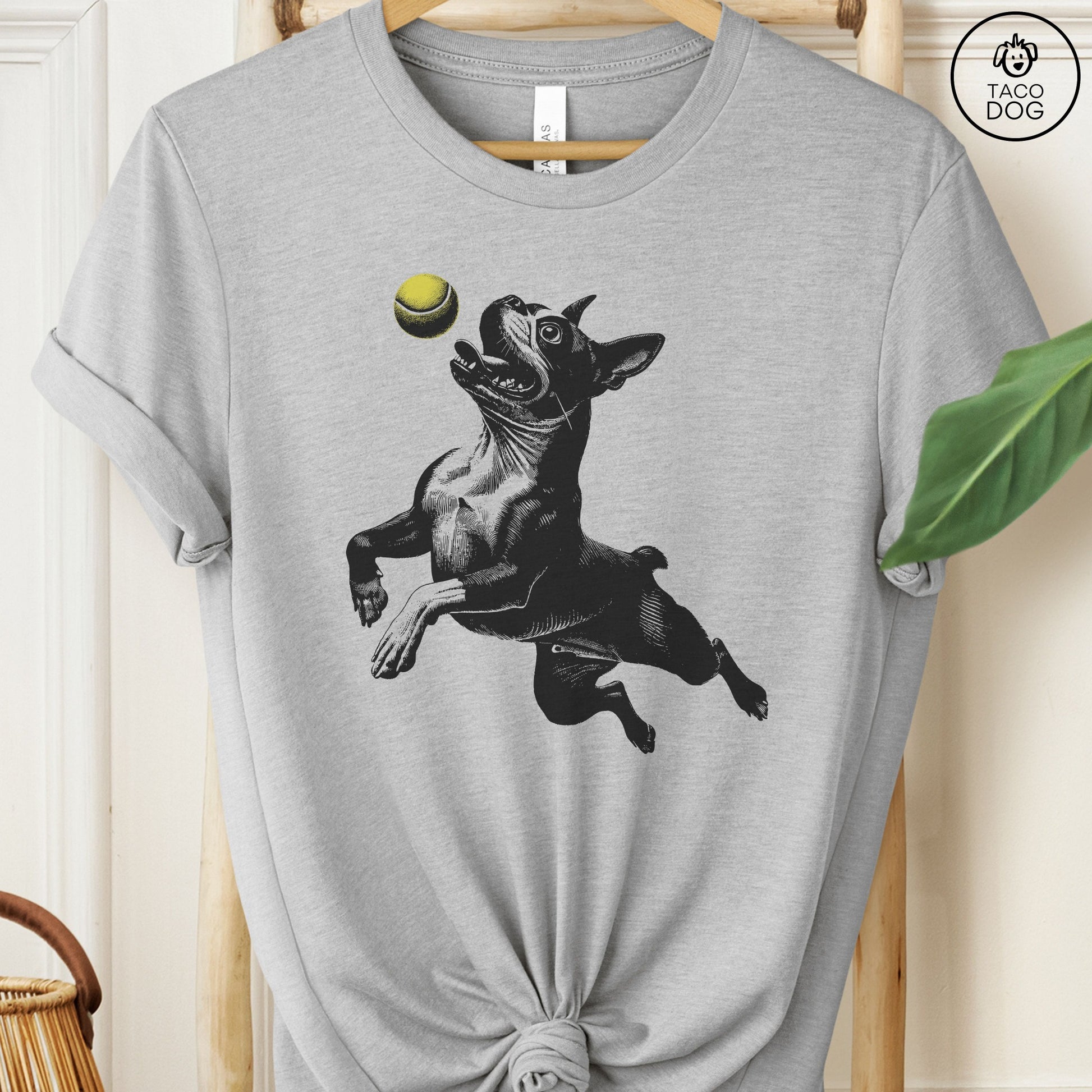 Boston Terrier Tennis Ball T-Shirt Athletic Heather Taco-Dog