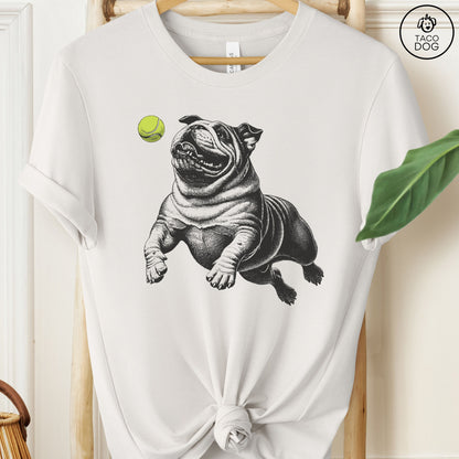 English Bulldog Tennis Ball T-Shirt Vintage White Taco-Dog