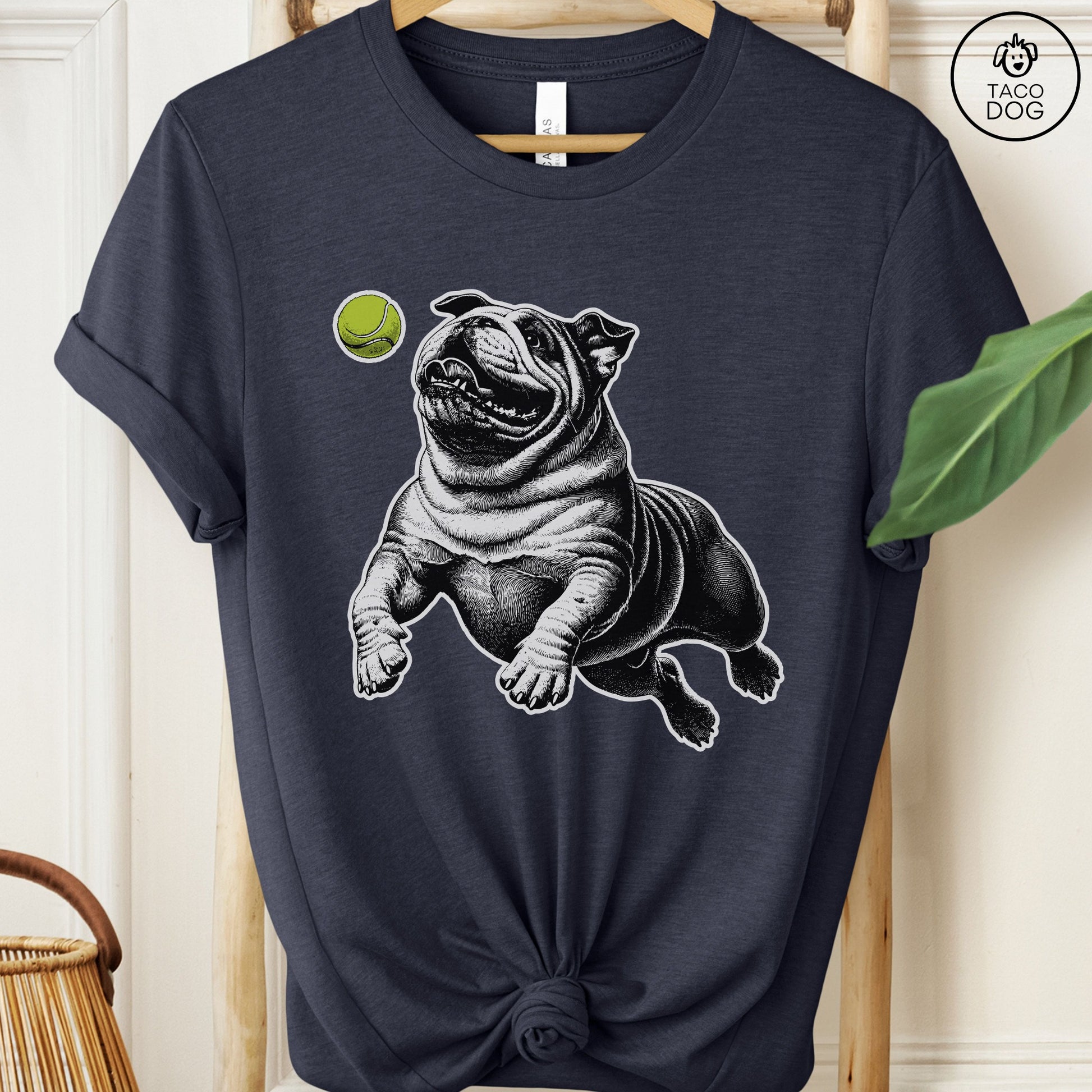 English Bulldog Tennis Ball T-Shirt Heather Midnight Navy Taco-Dog
