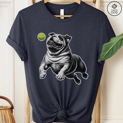 English Bulldog Tennis Ball T-Shirt Heather Midnight Navy Taco-Dog