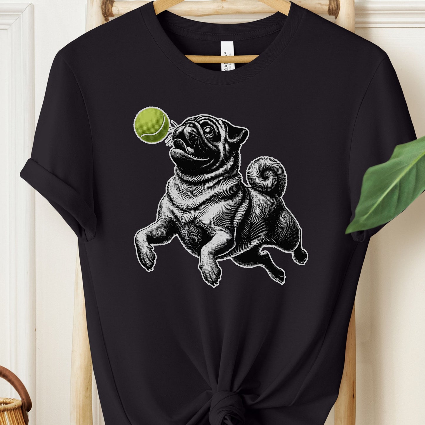 Pug Tennis Ball T-Shirt Black Taco-Dog