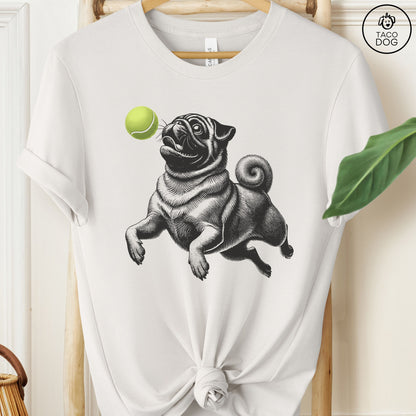 Pug Tennis Ball T-Shirt Vintage White Taco-Dog