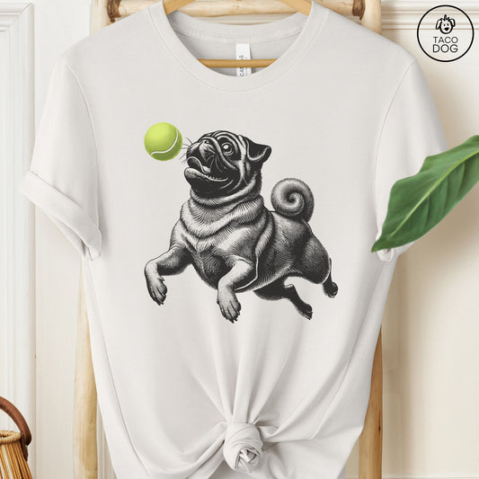 Pug Tennis Ball T-Shirt Vintage White Taco-Dog