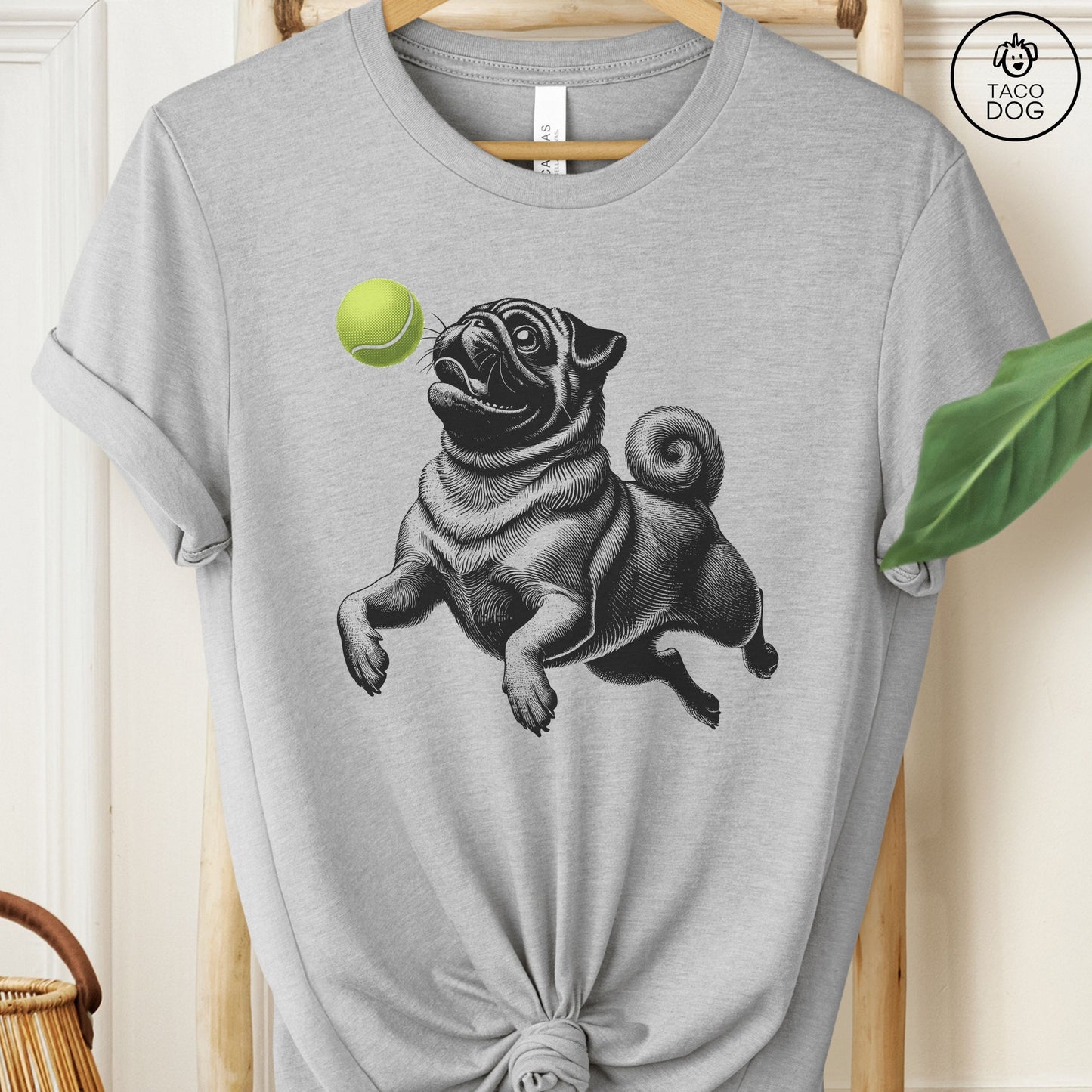 Pug Tennis Ball T-Shirt Athletic Heather Taco-Dog