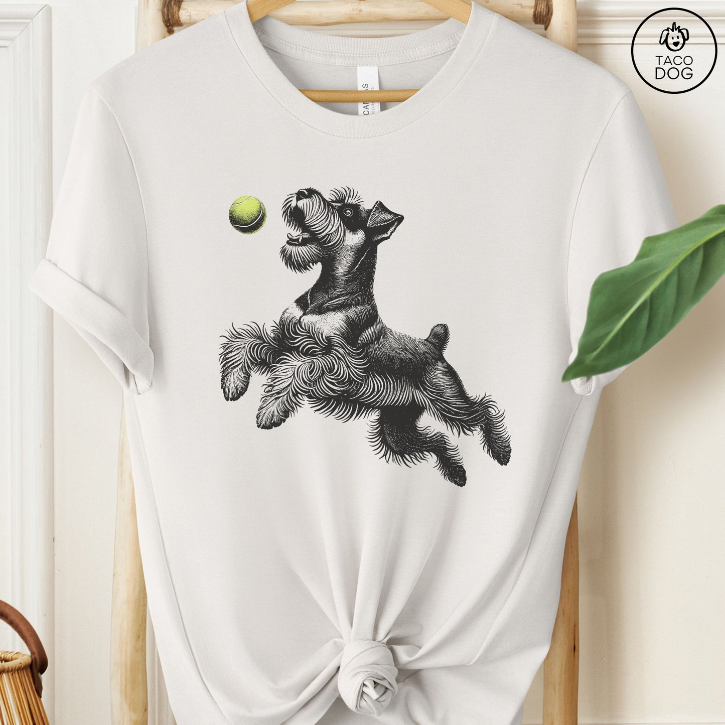 Schnauzer Tennis Ball T-Shirt Vintage White Taco-Dog