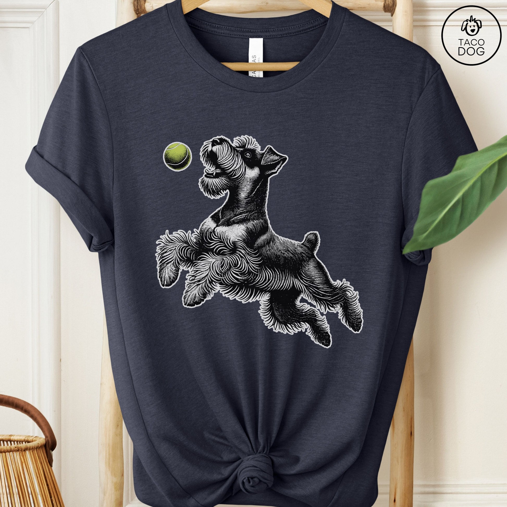 Schnauzer Tennis Ball T-Shirt Heather Midnight Navy Taco-Dog