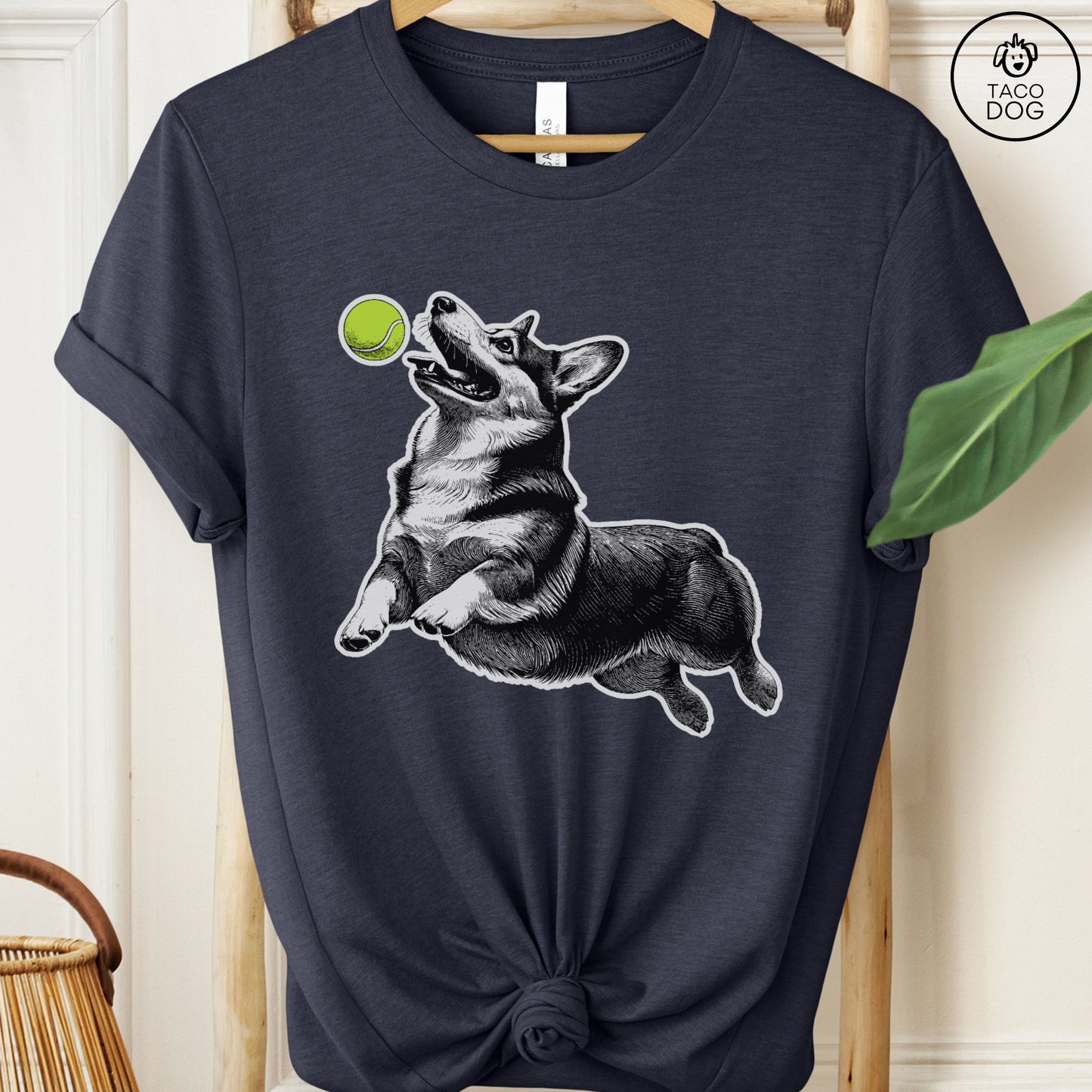 Corgi Tennis Ball T-Shirt Heather Midnight Navy Taco-Dog
