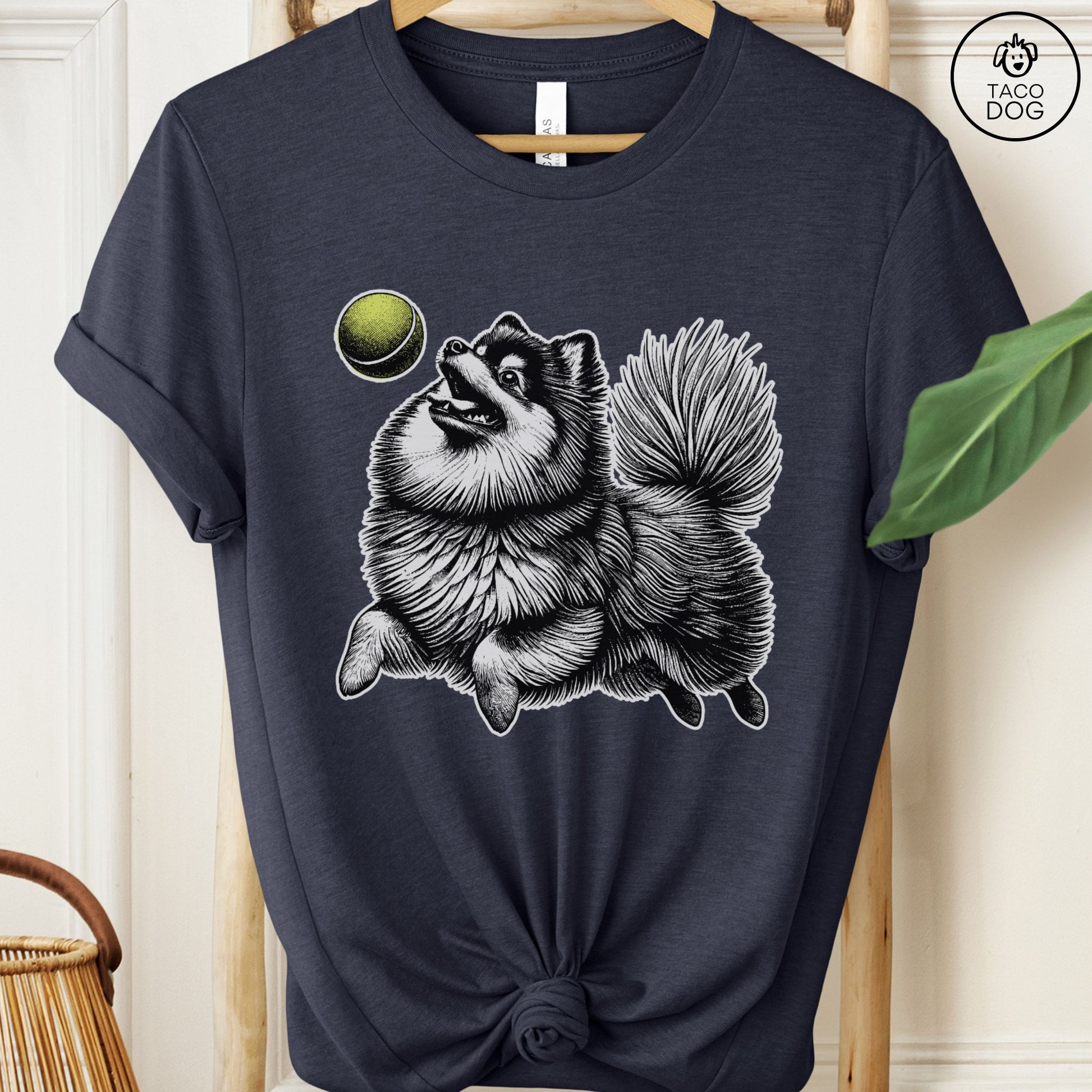 Pomeranian Tennis Ball T-Shirt Heather Midnight Navy Taco-Dog