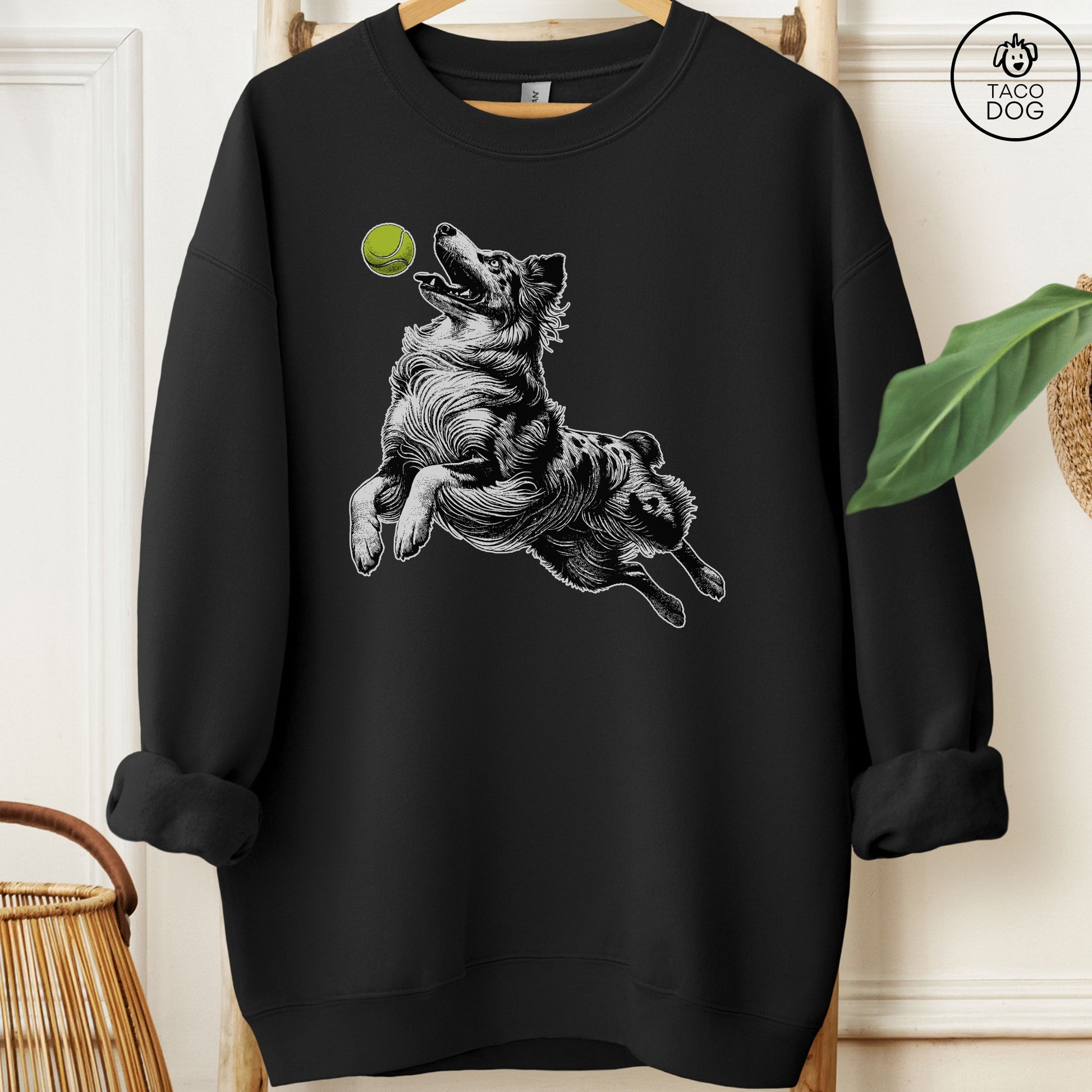 Australian Shepherd Aussie Tennis Ball Sweatshirt Black Taco-Dog