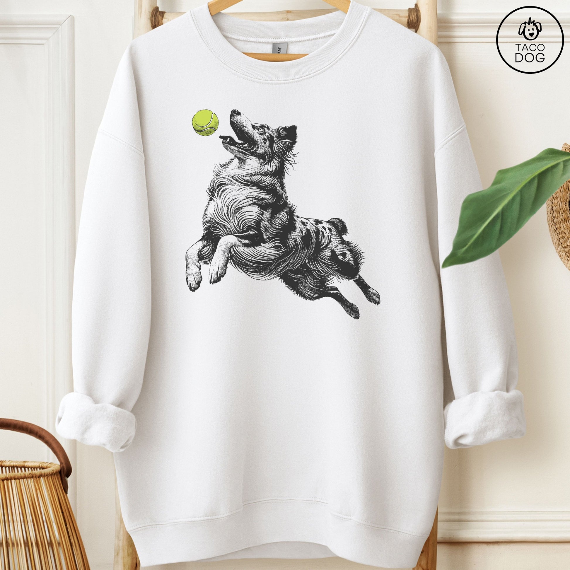 Australian Shepherd Aussie Tennis Ball Sweatshirt White Taco-Dog