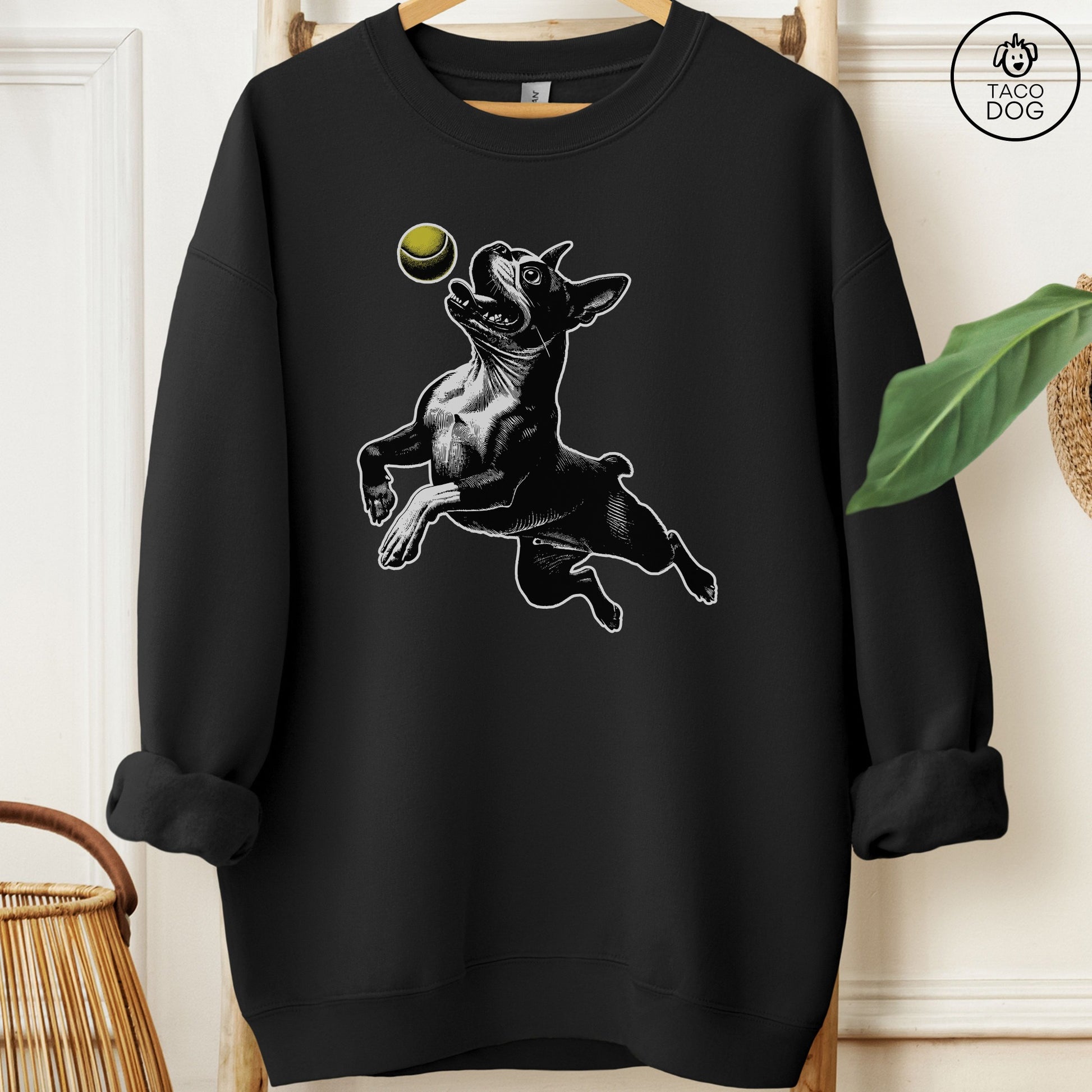 Boston Terrier Tennis Ball Sweatshirt Black Taco-Dog