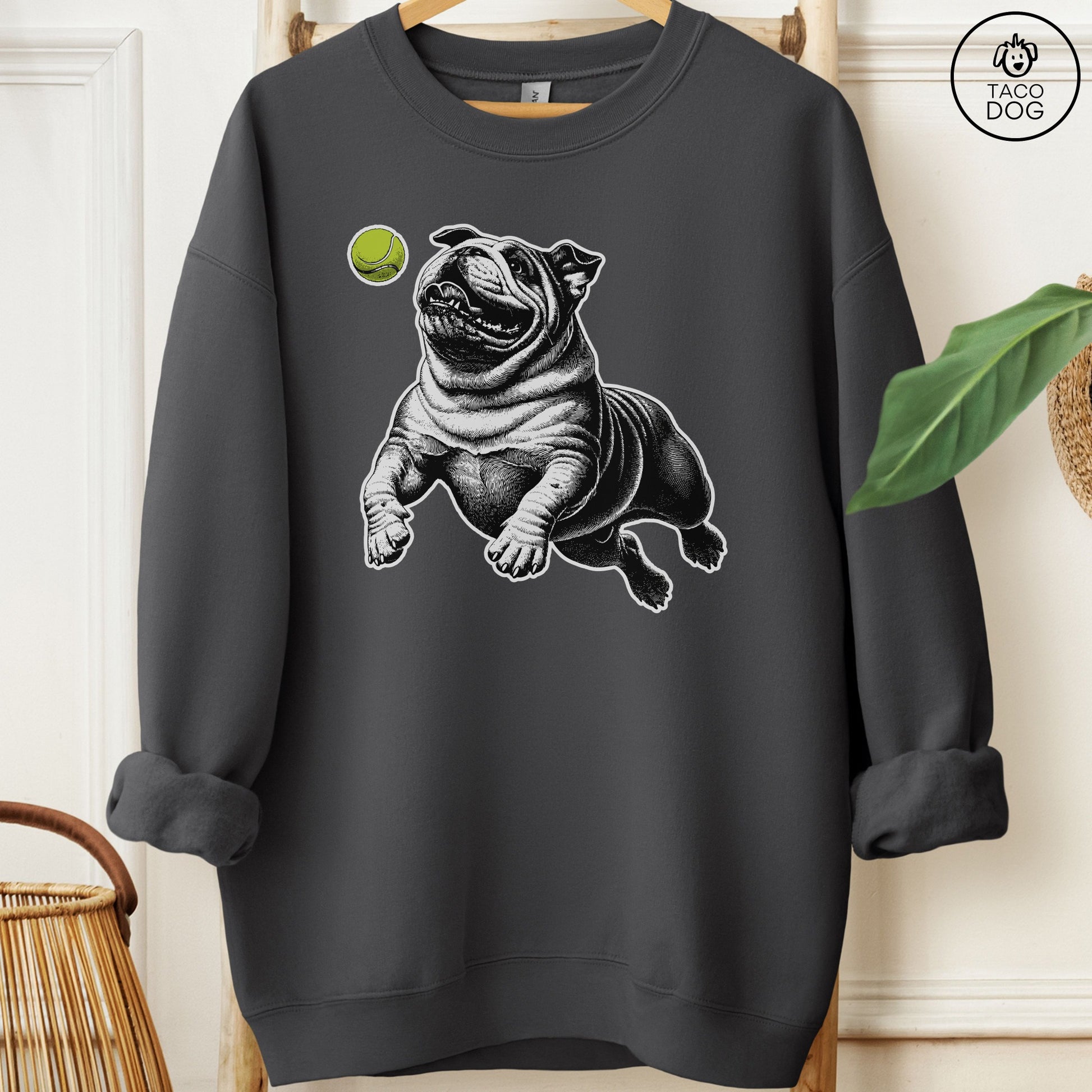 English Bulldog Tennis Ball Sweatshirt Charcoal Taco-Dog