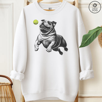 English Bulldog Tennis Ball Sweatshirt White Taco-Dog