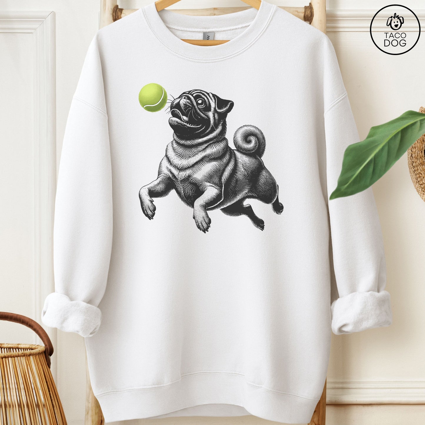 Pug Tennis Ball Sweatshirt White