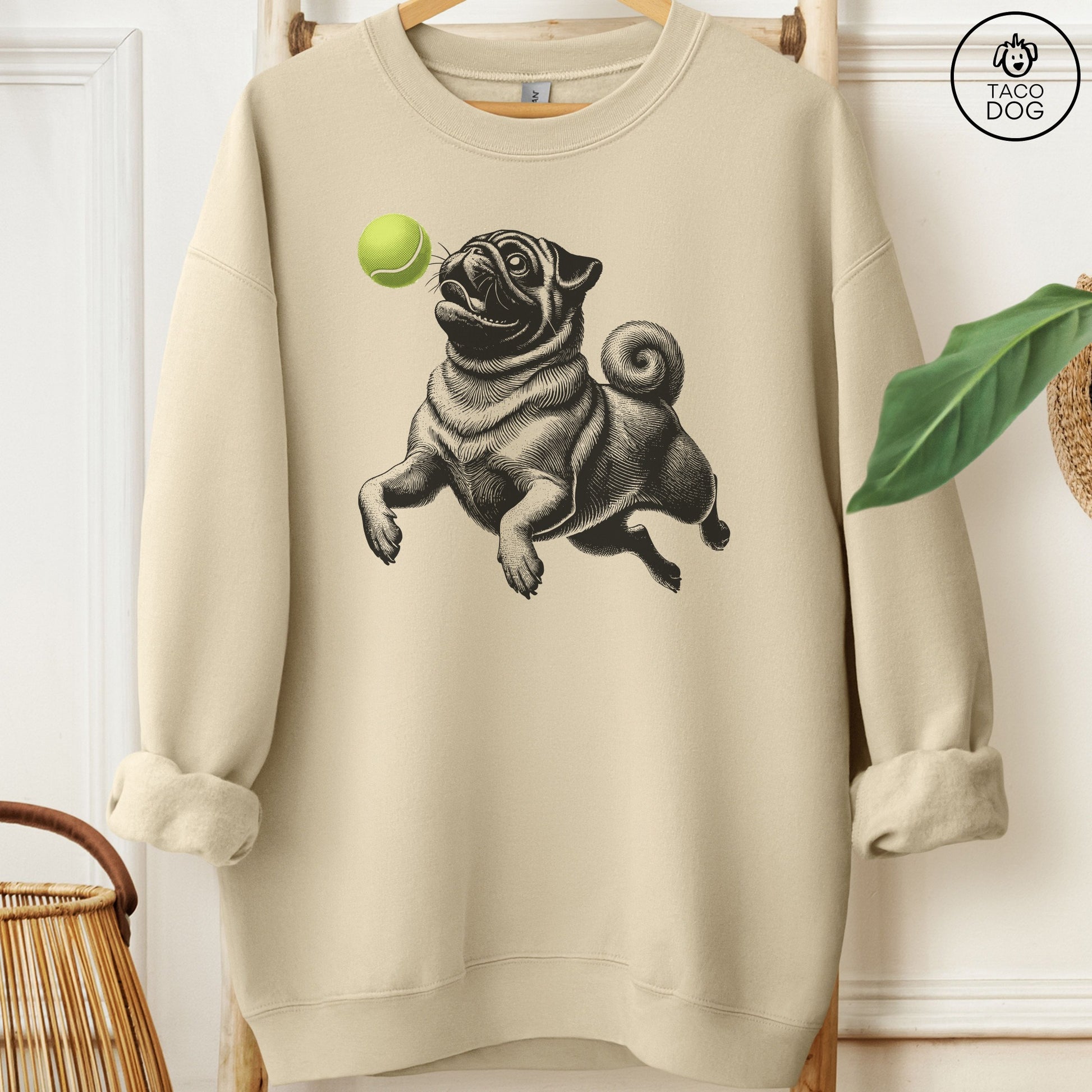 Pug Tennis Ball Sweatshirt Sand