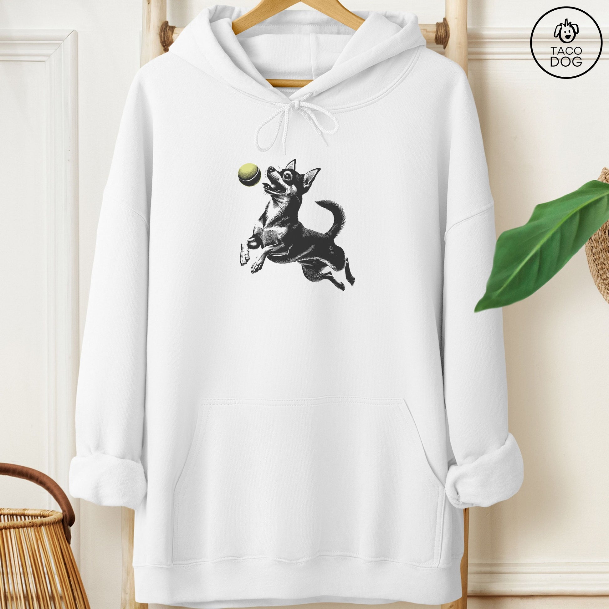 Chihuahua Tennis Ball Hoodie White Taco-Dog