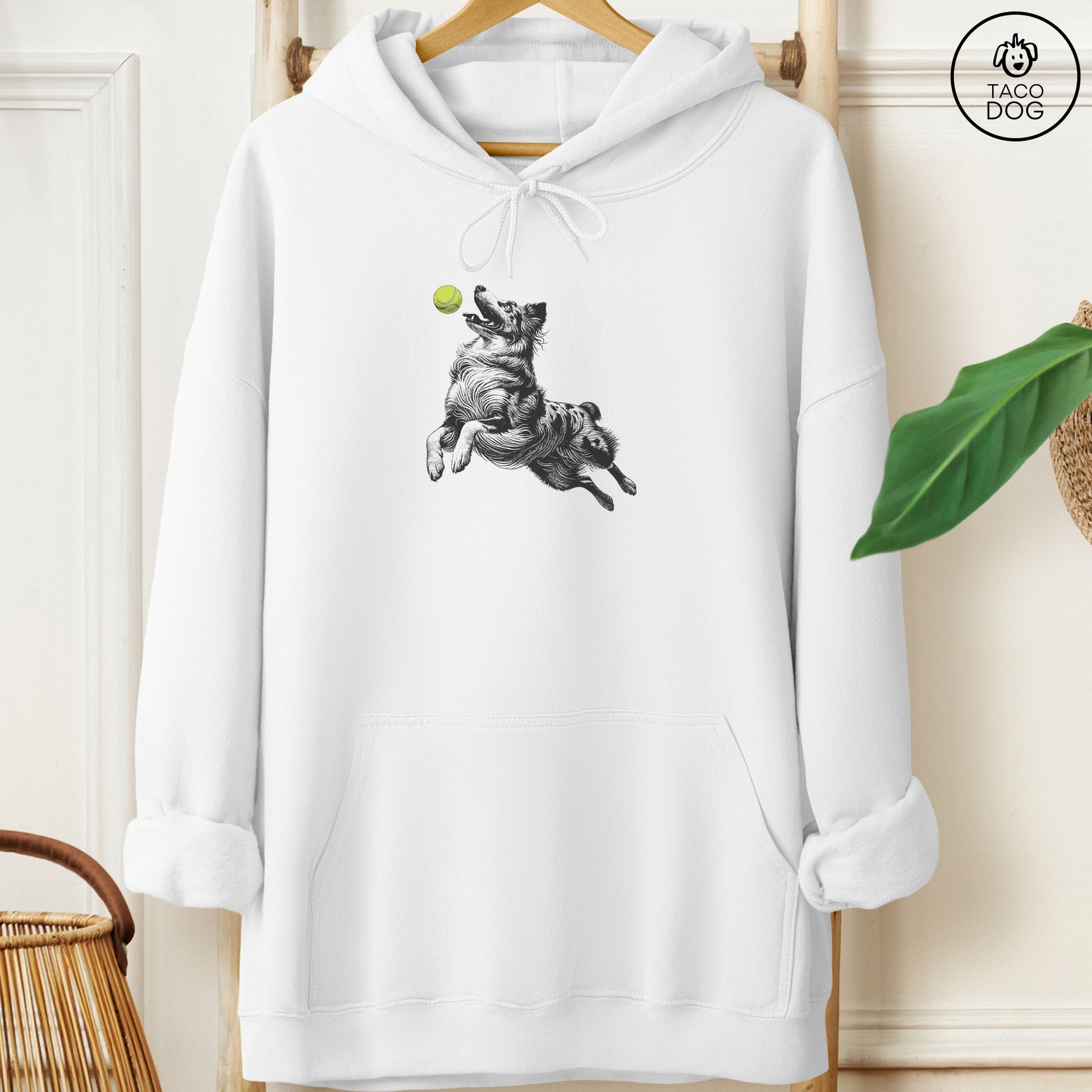 Australian Shepherd Aussie Tennis Ball Hoodie White Taco-Dog