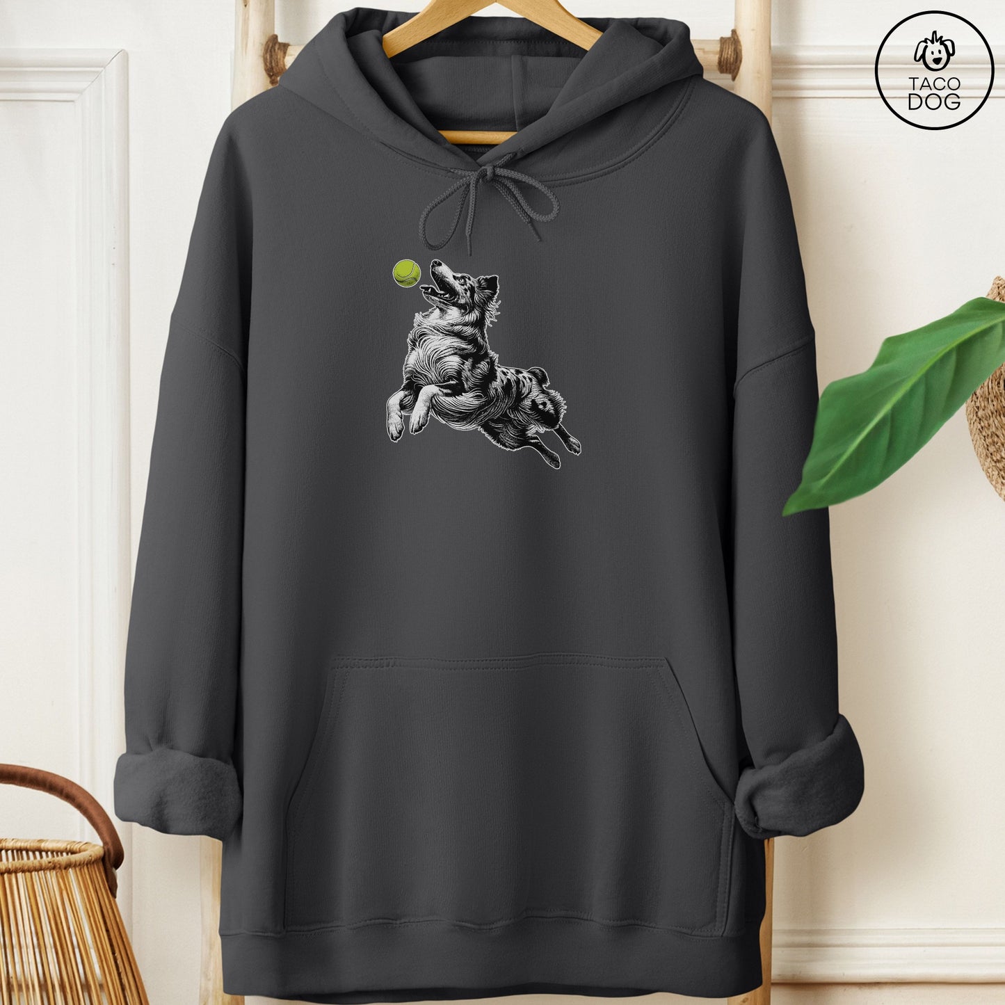 Australian Shepherd Aussie Tennis Ball Hoodie Charcoal Taco-Dog