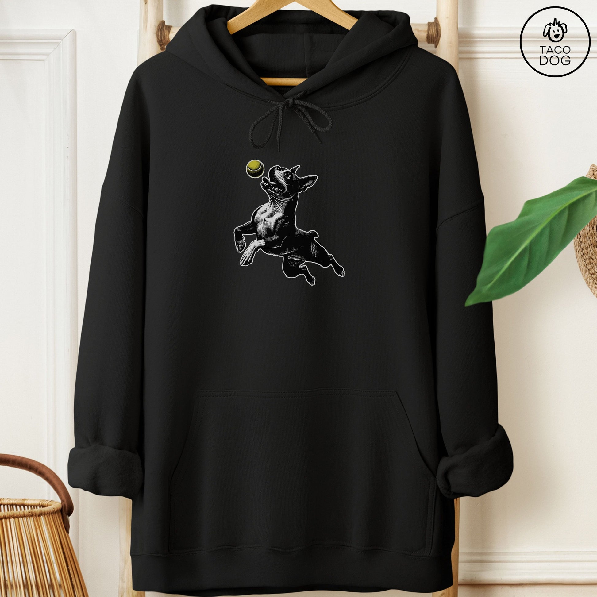 Boston Terrier Tennis Ball Hoodie Black Taco-Dog