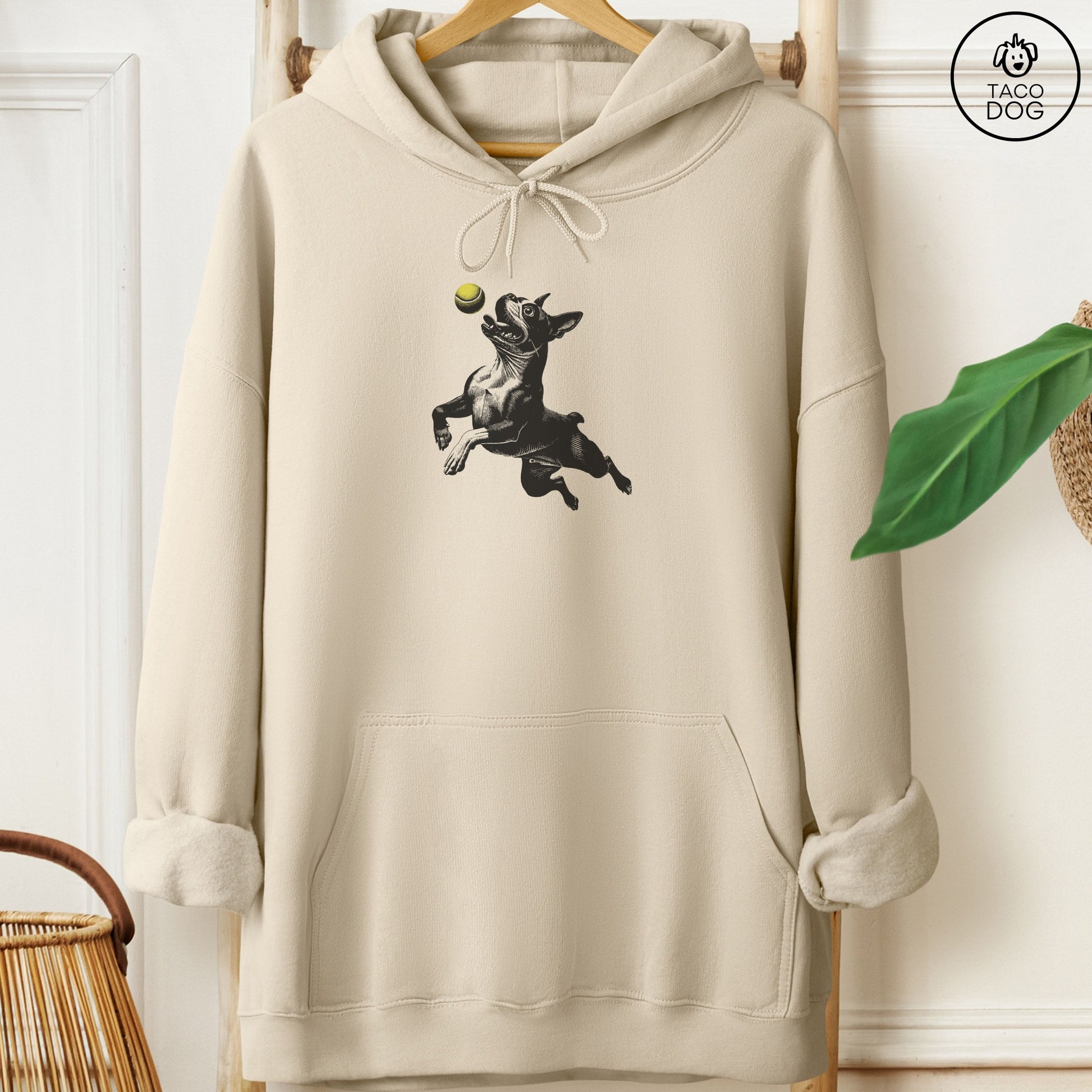 Boston Terrier Tennis Ball Hoodie Sand Taco-Dog