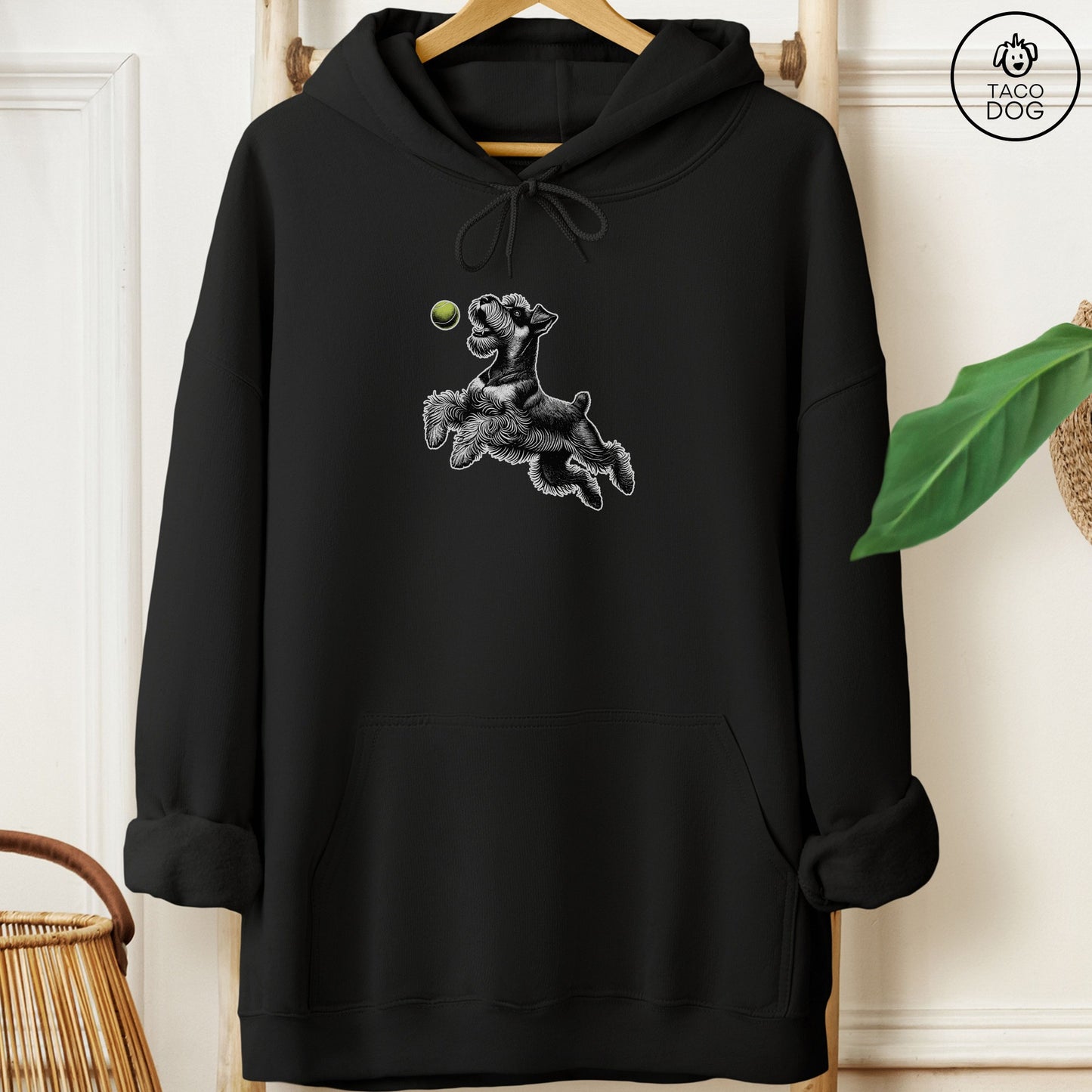 Schnauzer Tennis Ball Hoodie Black Taco-Dog