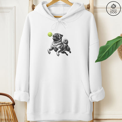 Pug Tennis Ball Hoodie White Taco-Dog