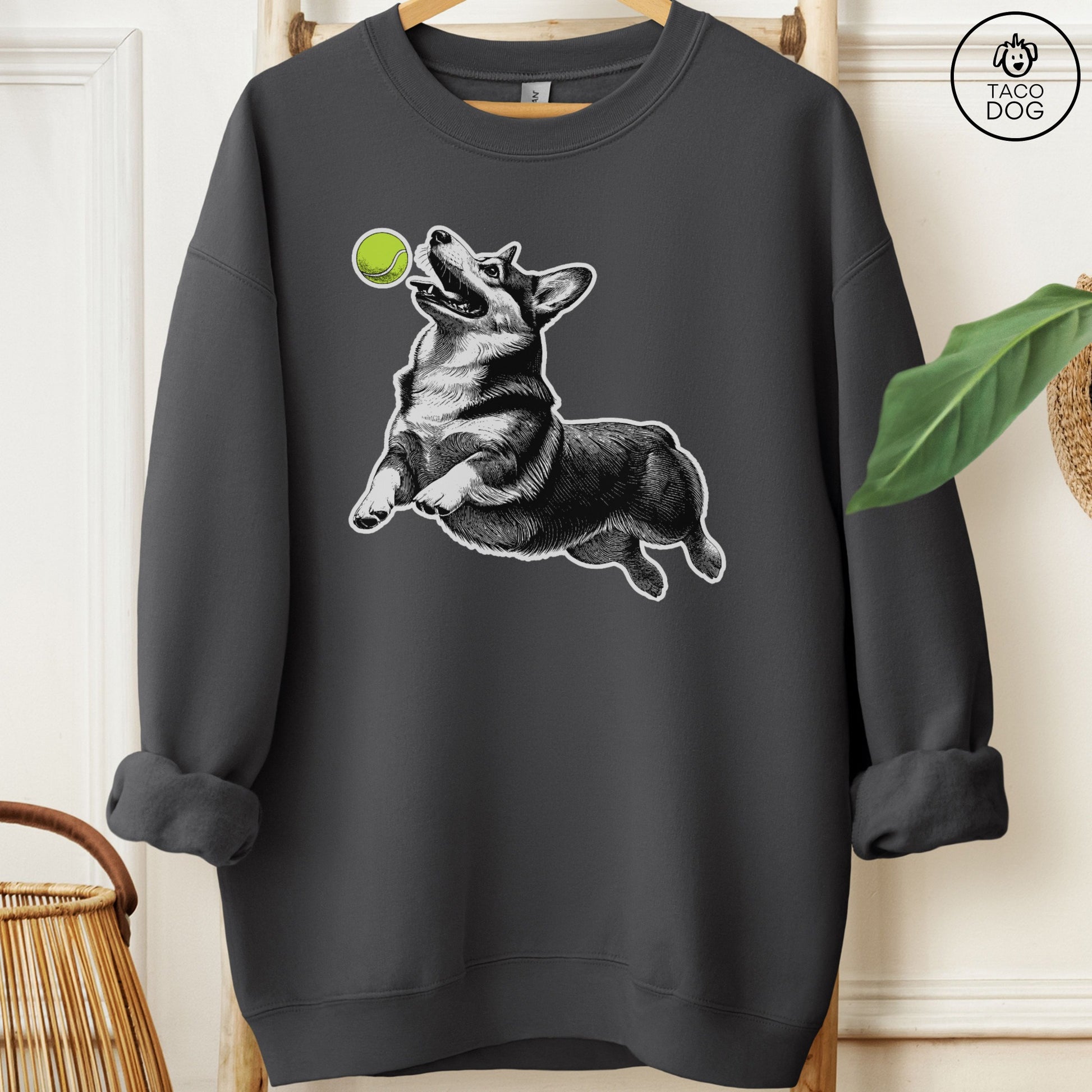 Corgi Tennis Ball Sweatshirt Charcoal Taco-Dog