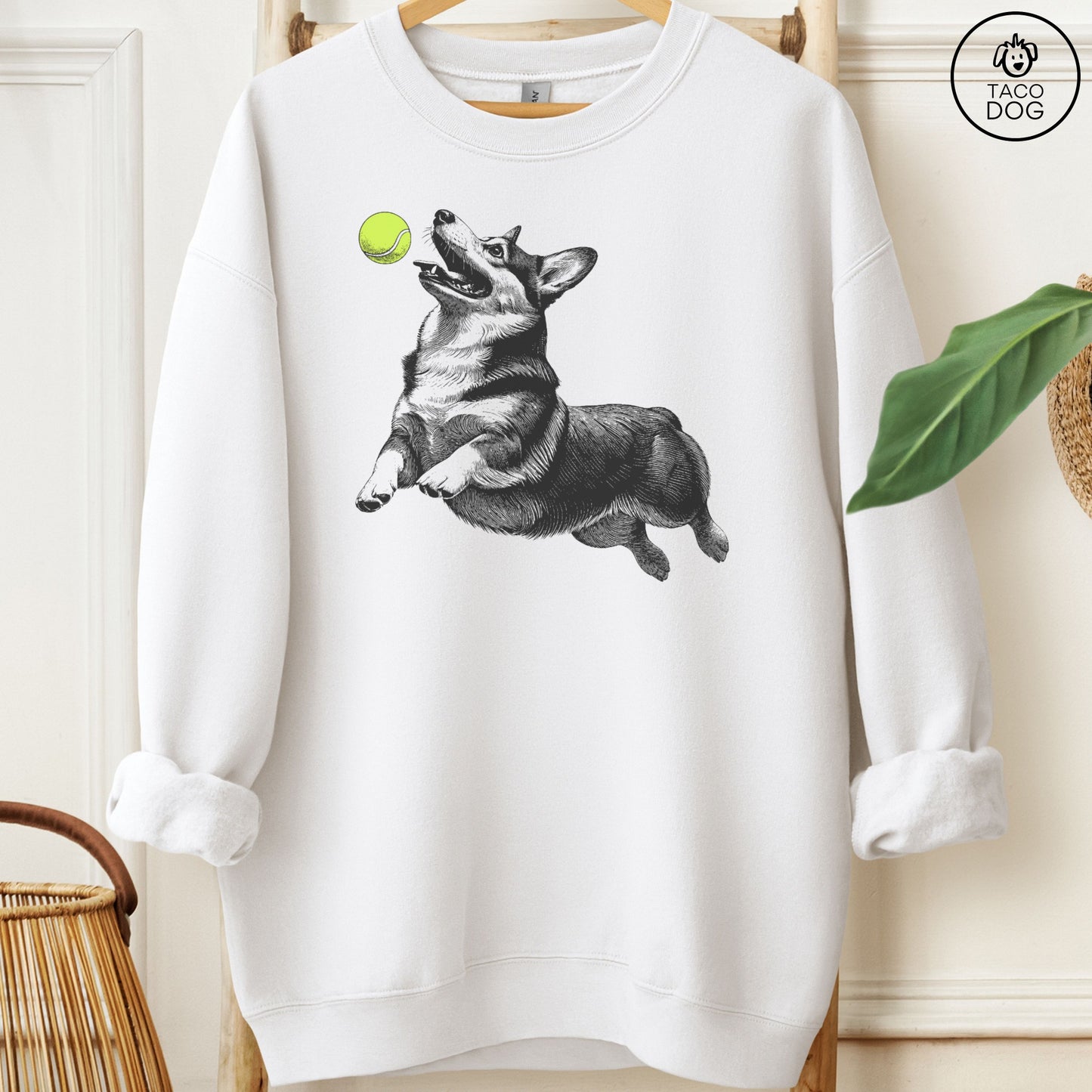 Corgi Tennis Ball Sweatshirt White Taco-Dog