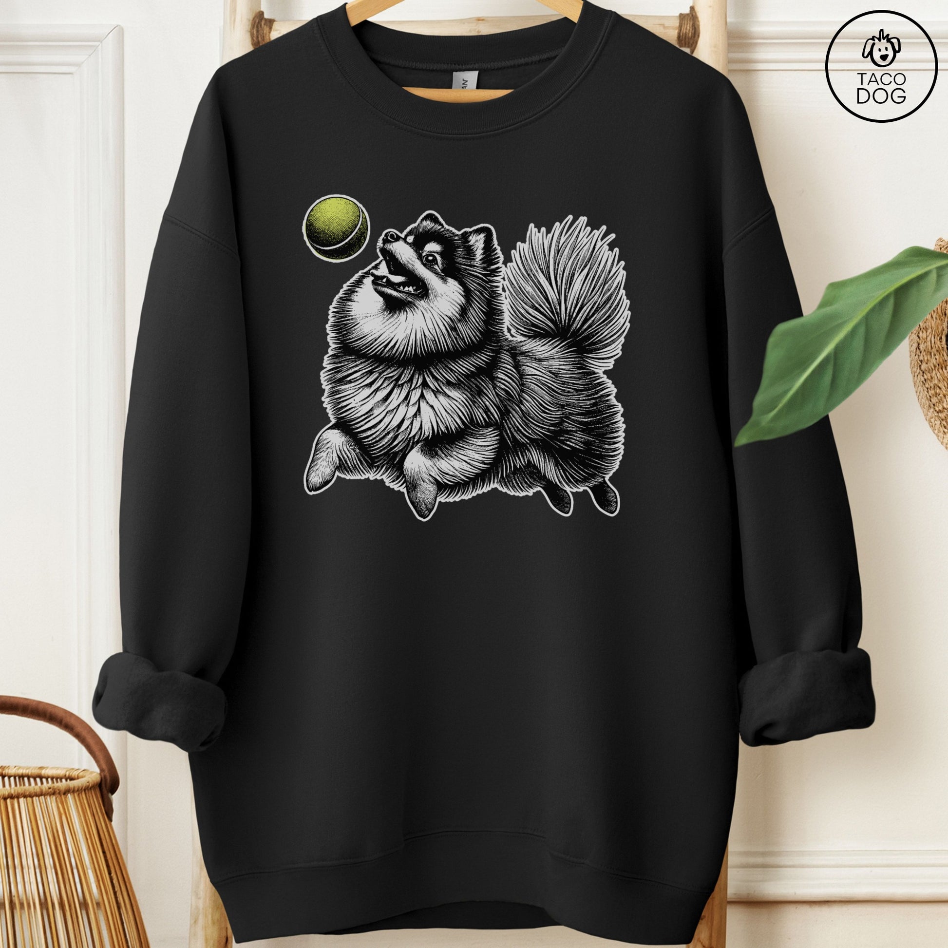 Pomeranian Tennis Ball Sweatshirt Black Taco-Dog
