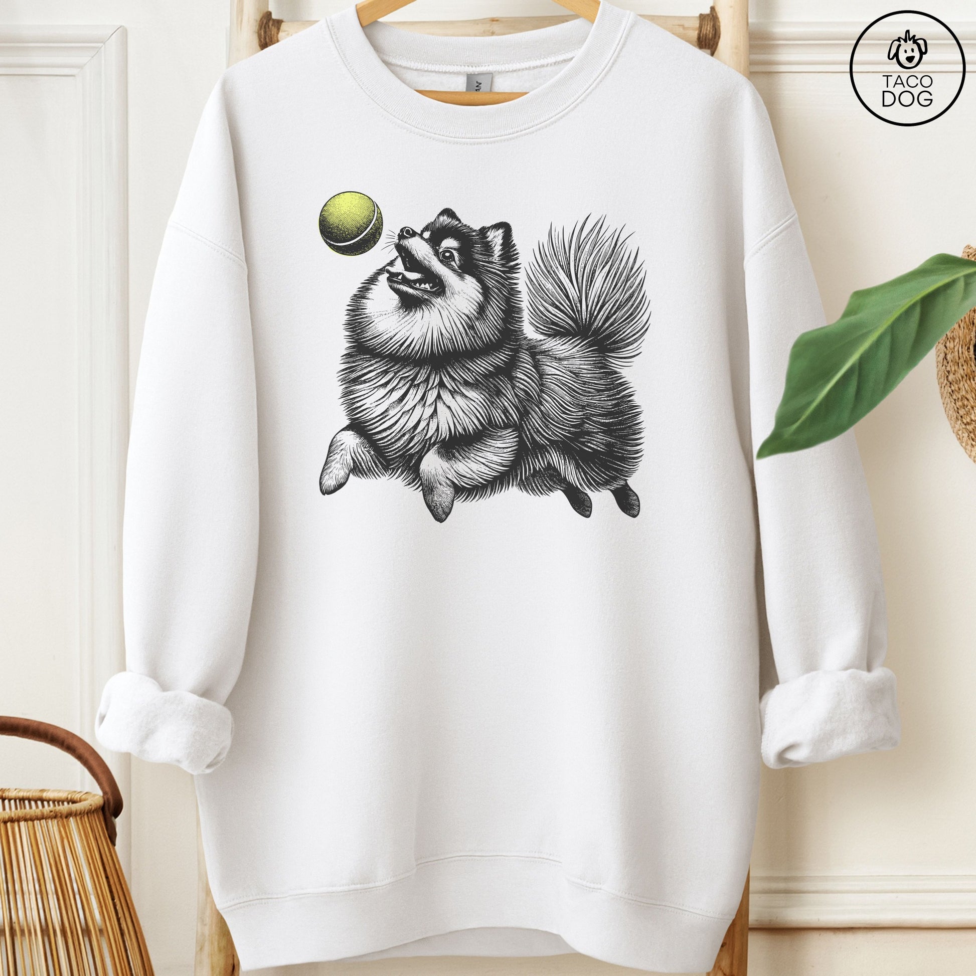 Pomeranian Tennis Ball Sweatshirt White Taco-Dog