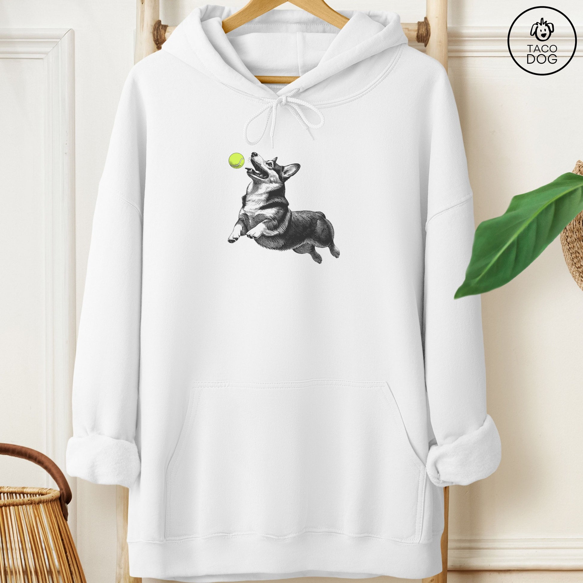 Corgi Tennis Ball Hoodie White