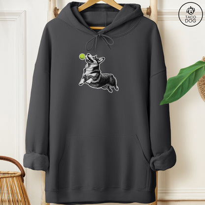 Corgi Tennis Ball Hoodie Charcoal