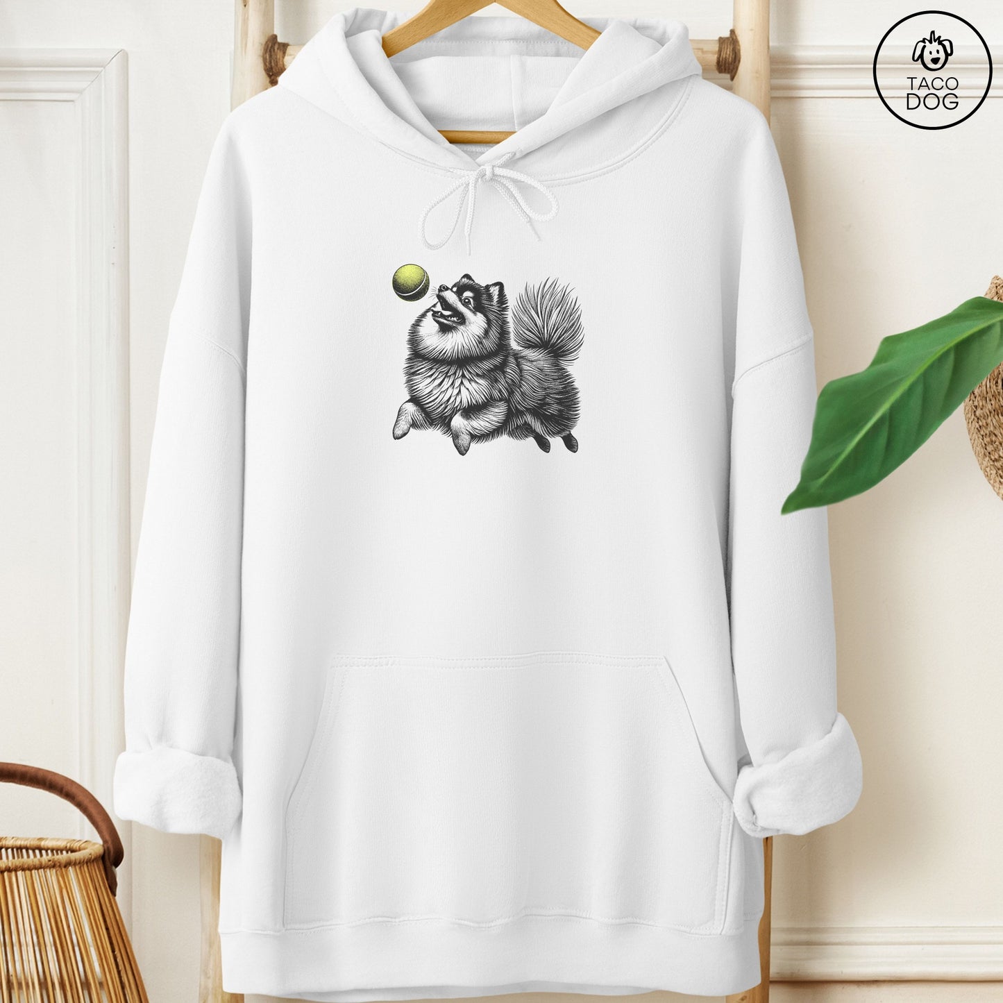 Pomeranian Tennis Ball Hoodie White Taco-Dog