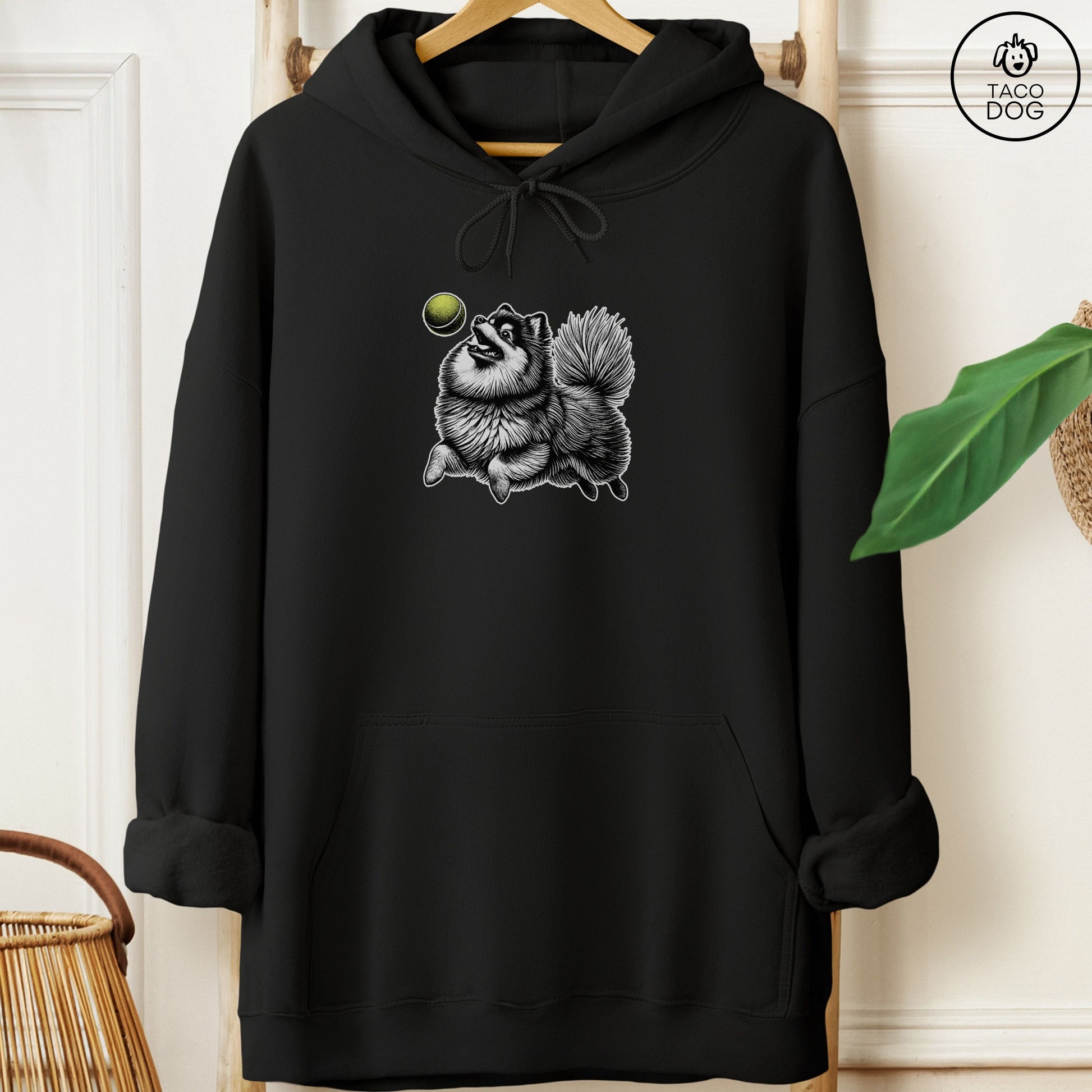 Pomeranian Tennis Ball Hoodie Black Taco-Dog