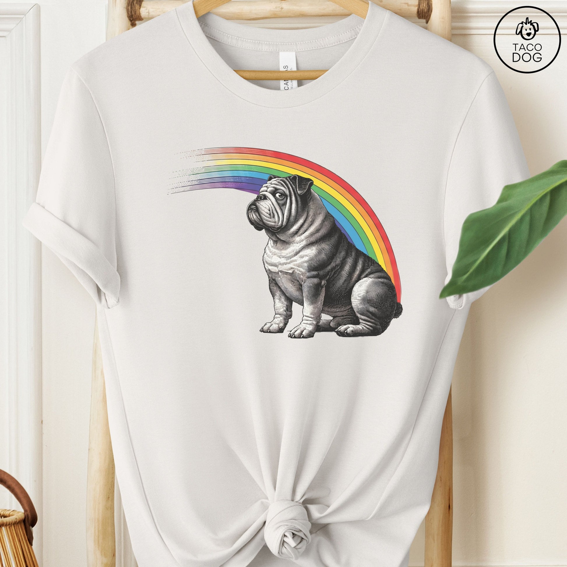 English Bulldog Rainbow T-Shirt Vintage White Taco-Dog