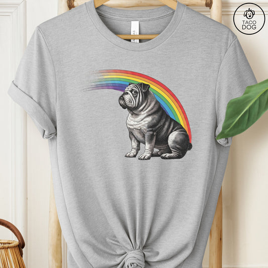 English Bulldog Rainbow T-Shirt Athletic Heather Gray Taco-Dog