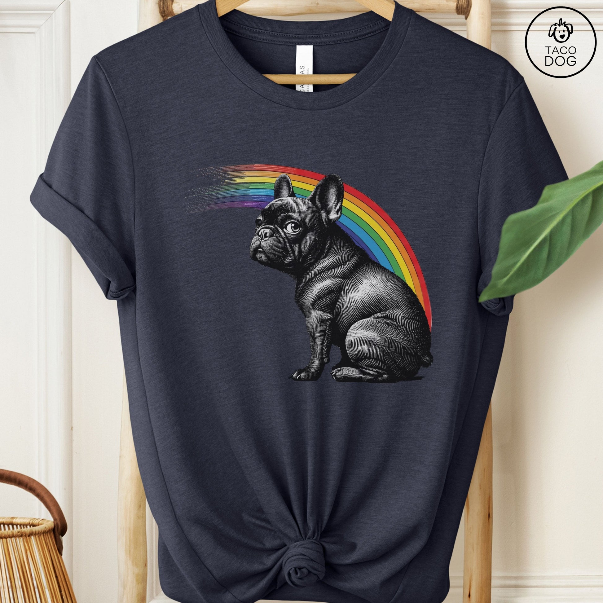 French Bulldog Frenchie Rainbow T-Shirt Heather Midnight Navy Taco-Dog