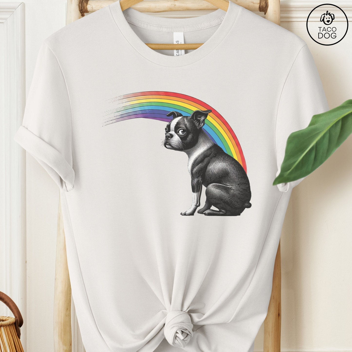 Boston Terrier Rainbow T-Shirt Vintage White Taco-Dog