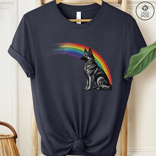 German Shepherd Rainbow T-Shirt Heather Midnight Navy Taco-Dog