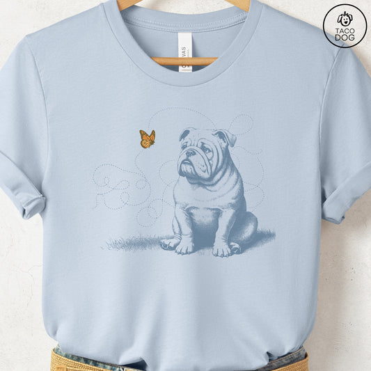 English Bulldog Monarch Butterfly T-Shirt Light Blue