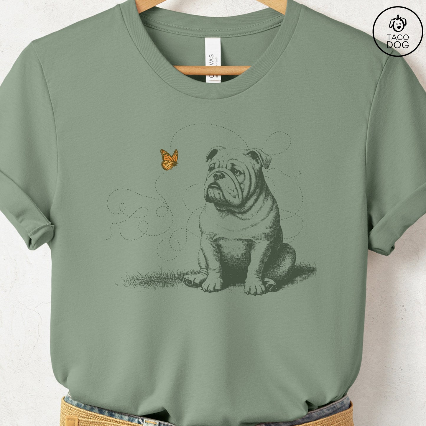 English Bulldog Monarch Butterfly T-Shirt Sage Taco-Dog