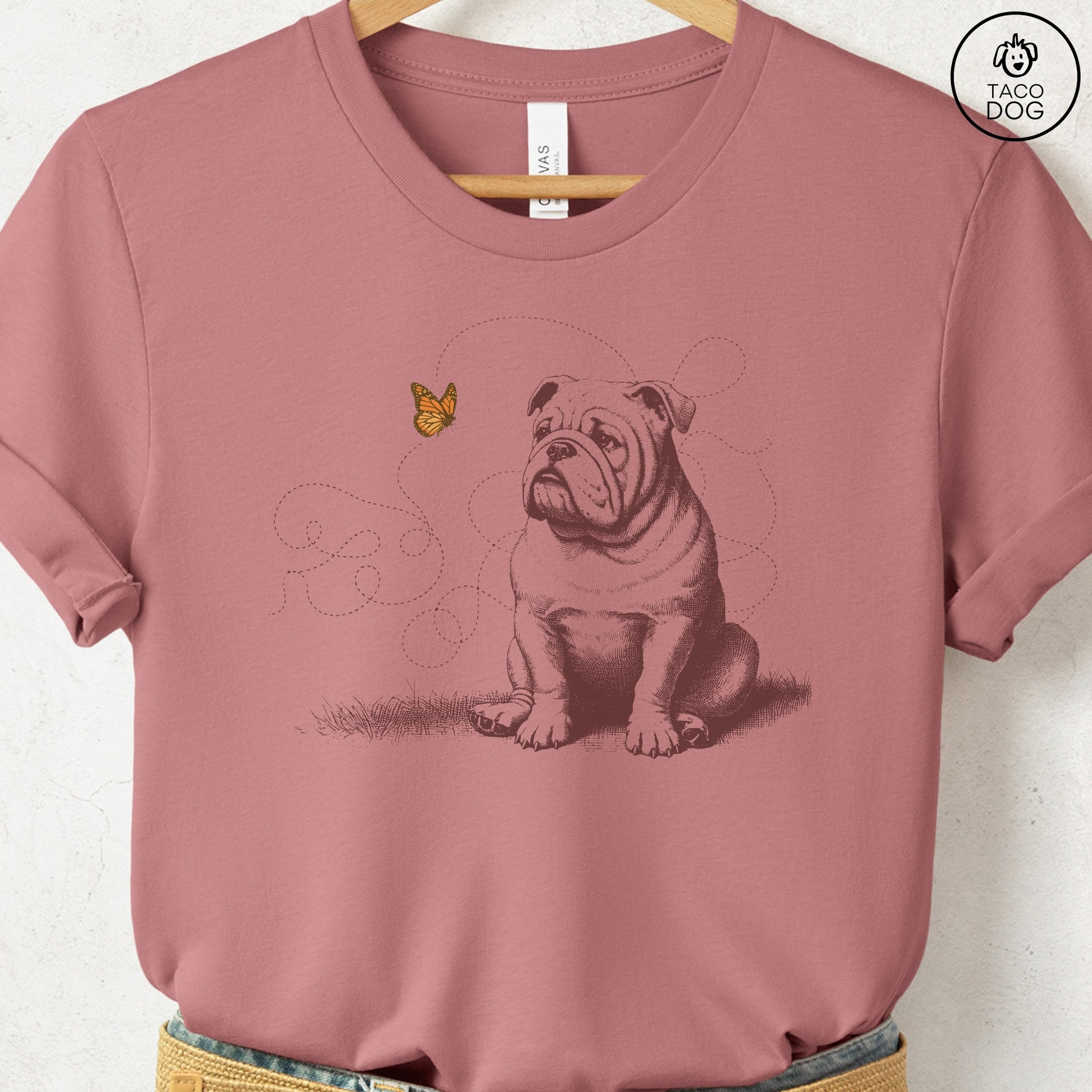 English Bulldog Monarch Butterfly T-Shirt Heather Mauve Taco-Dog