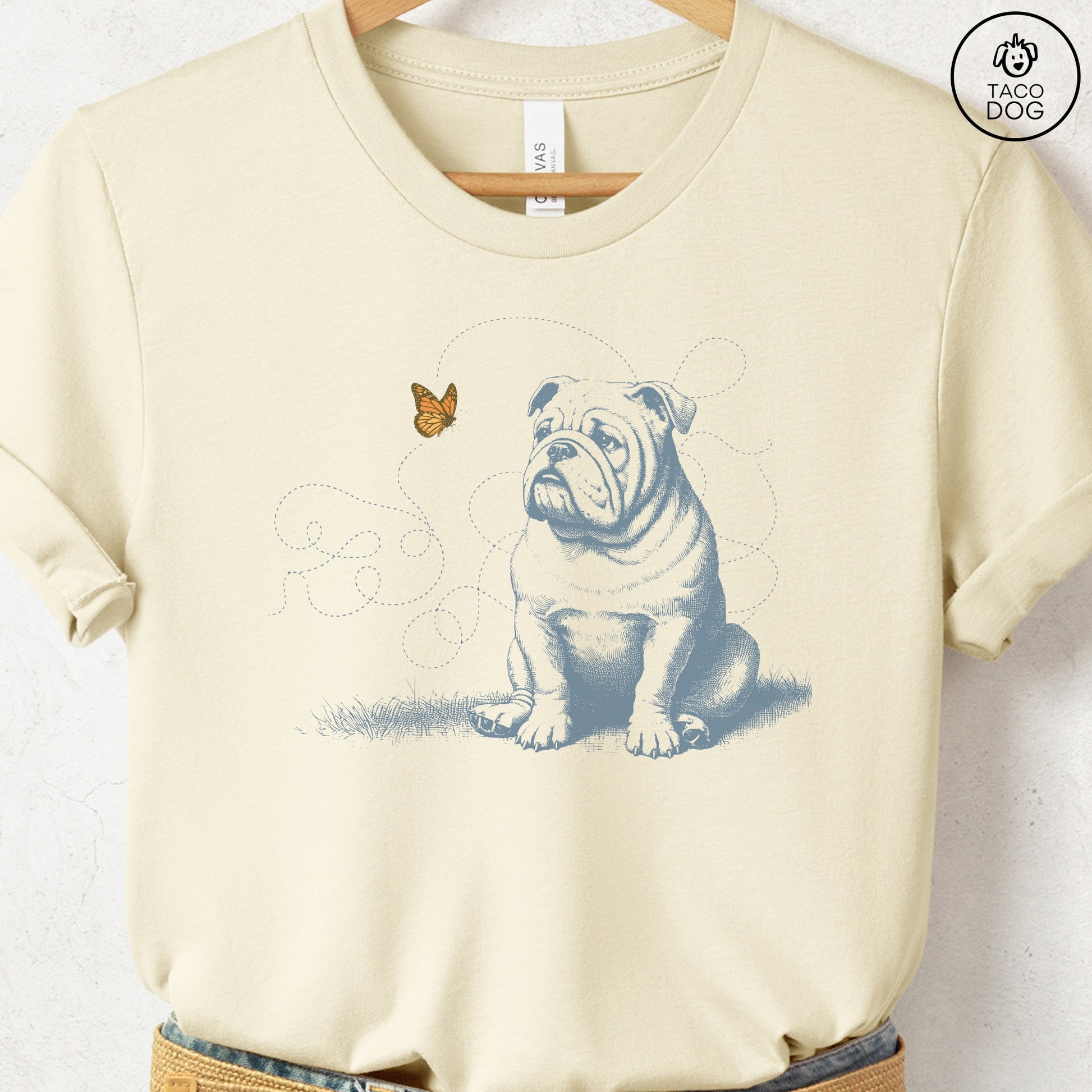 English Bulldog Monarch Butterfly T-Shirt Natural Taco-Dog