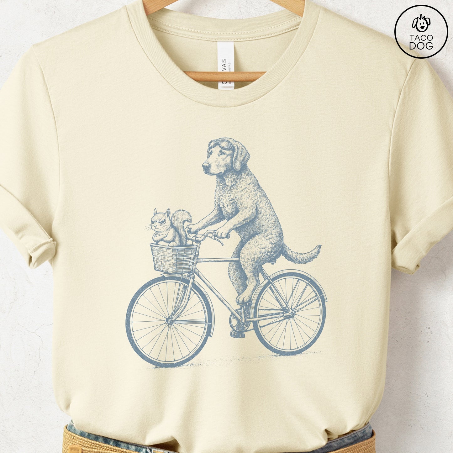 Curly Coated Retriever Squirrel Bike T-Shirt Natural Taco-Dog